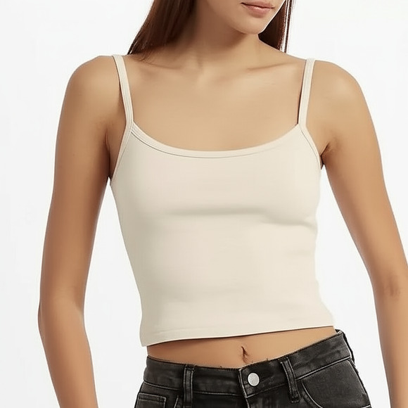 H&M Crop Top Womens Size L Light Beige Basic Fitted Stretchy Minimalist Casual - Picture 2 of 12